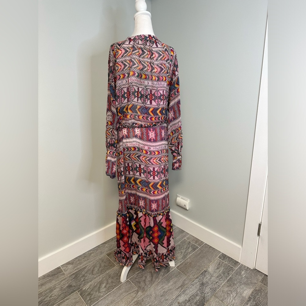 NWT Farm Rio Amulet Maxi Boho Sleeved Belted Aztec Sheer Dress Sz Large - Picture 7 of 17